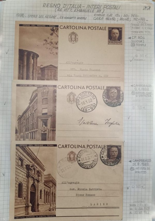 N° 50 Interi Postali Vittorio Emanuele III°. Lotto composto da Cartoline Postali "Opere del Regime", Cartoline Postali "Opere del Regime" - Littoria ( ora Latina), Cartoline Postali "Opere del Regime" - Littoria ( ora Latina) con risposta e risposta pagata, Cartoline Postali "Opere del Regime" vedute, Cartoline Postali " Propaganda turistica", Cartoline Postali " Propaganda turistica" con risposta pagata, Cartoline Postali " Propaganda turistica" per l' estero. VIAGGIATE.