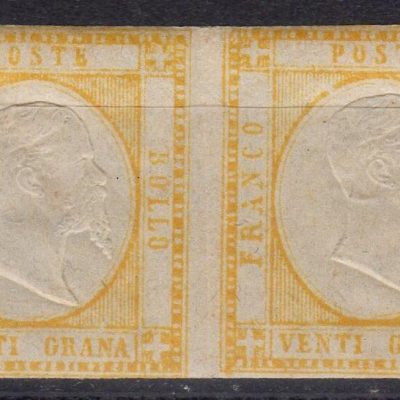 Province Napoletane 1861 coppia gomma  integra del 20 grana giallo n 23 firme al verso Zappalà- Fabris