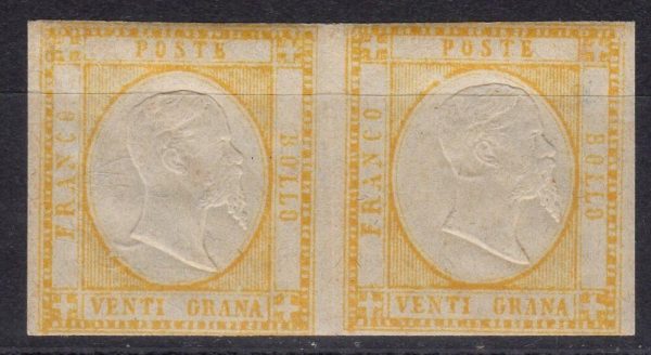 Province Napoletane 1861 coppia gomma  integra del 20 grana giallo n 23 firme al verso Zappalà- Fabris