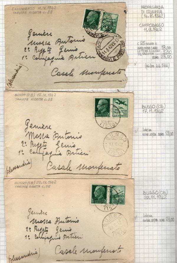 Lotticino composto da 7 Lettere, corrispondenza indirizzata a Militari : TARIFFA RIDOTTA. Affrancate con francobollo Propaganda di Guerra 1942  da 25 cent .