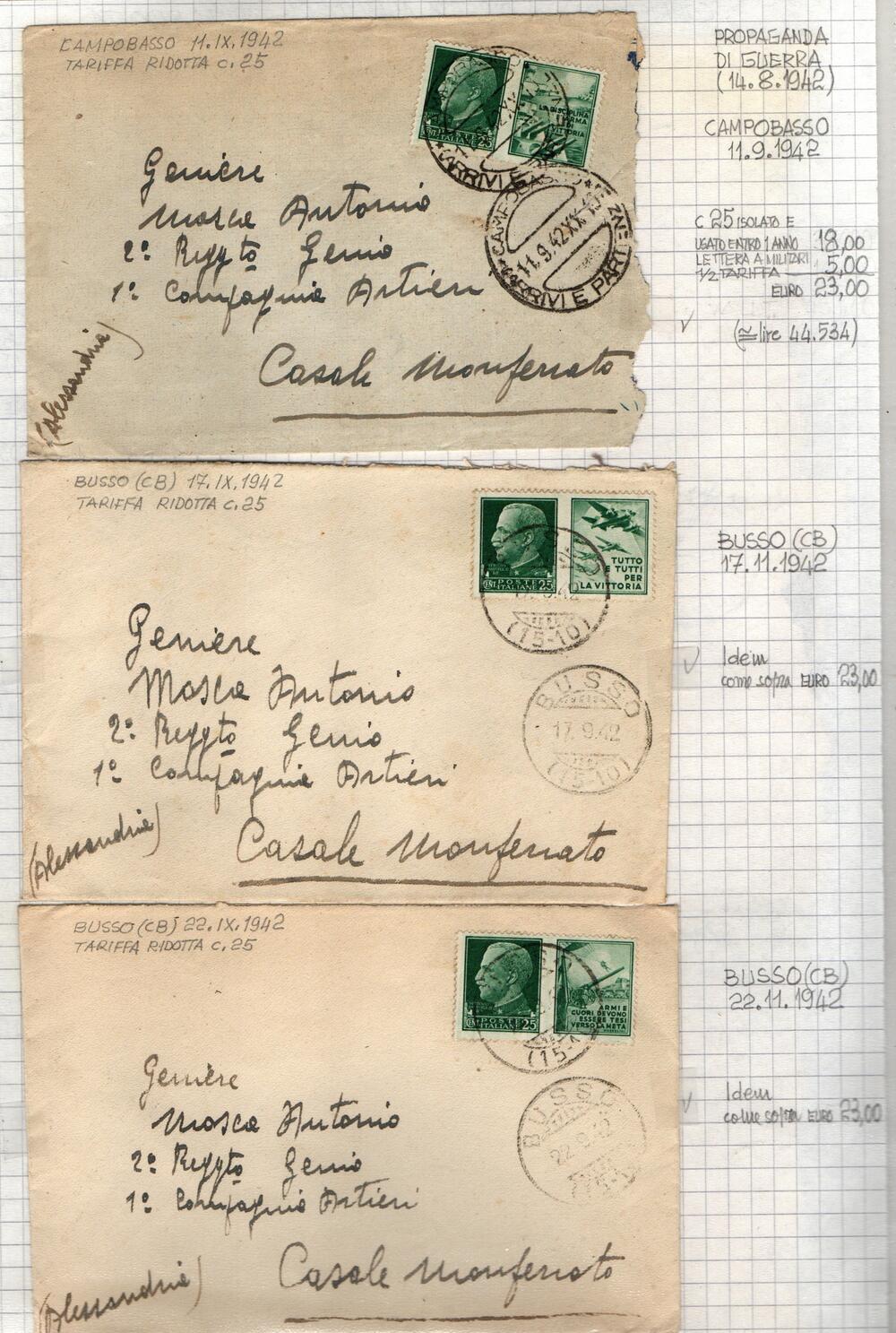 Lotticino composto da 7 Lettere, corrispondenza indirizzata a Militari : TARIFFA RIDOTTA. Affrancate con francobollo Propaganda di Guerra 1942  da 25 cent .
