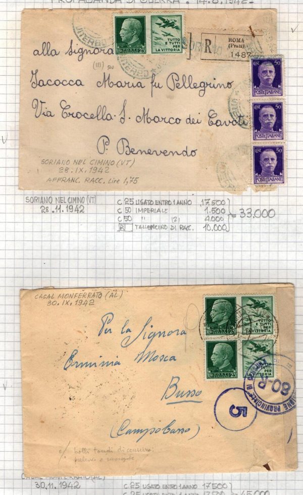 Lotto composto da 33 oggetti così diviso : Lettere , Raccomandate e Cartoline.Corrispondenza  Militare . Affrancate con francobolli Propaganda di Guerra 1942  con CENSURA MILITARE.