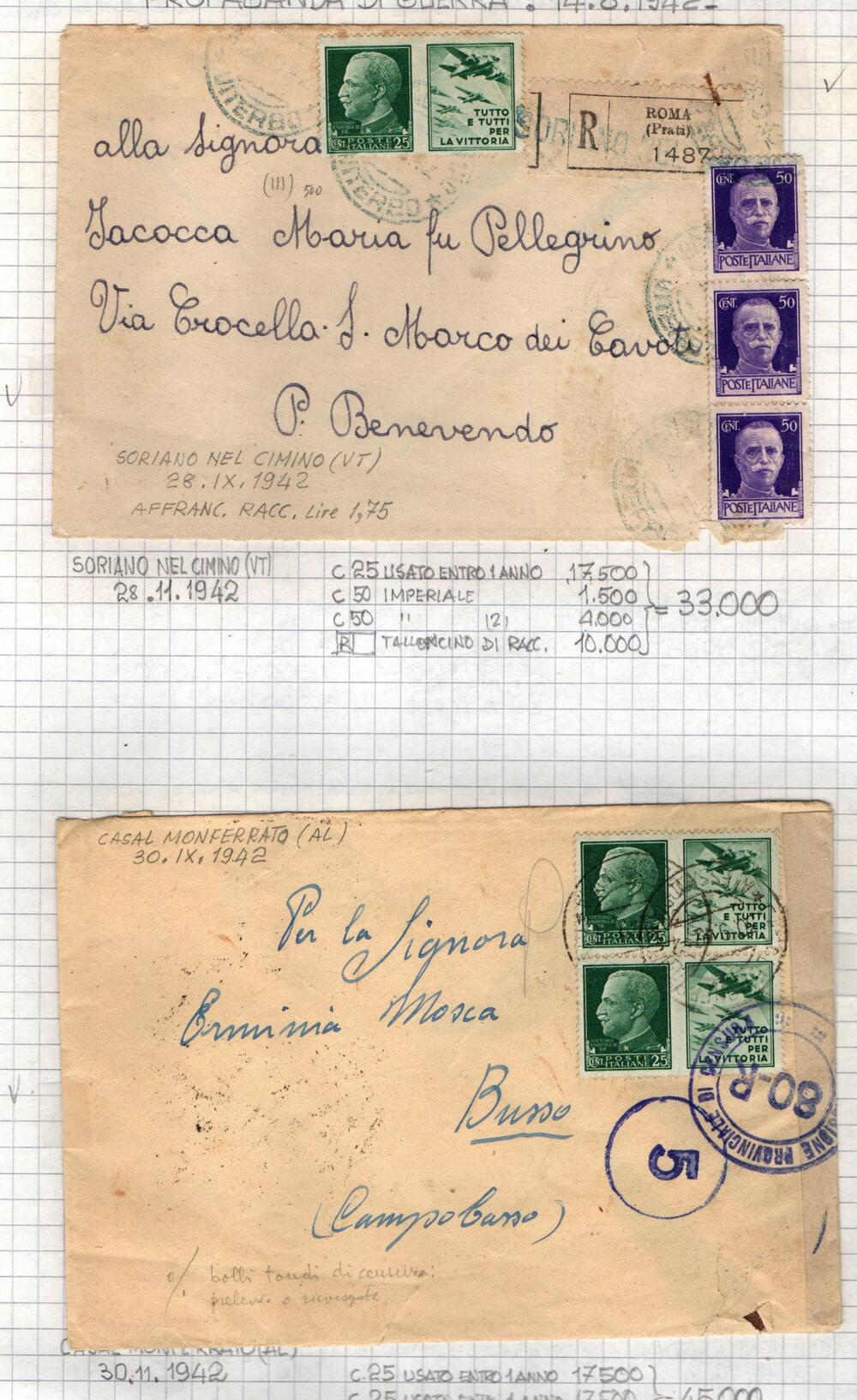 Lotto composto da 33 oggetti così diviso : Lettere , Raccomandate e Cartoline.Corrispondenza  Militare . Affrancate con francobolli Propaganda di Guerra 1942  con CENSURA MILITARE.