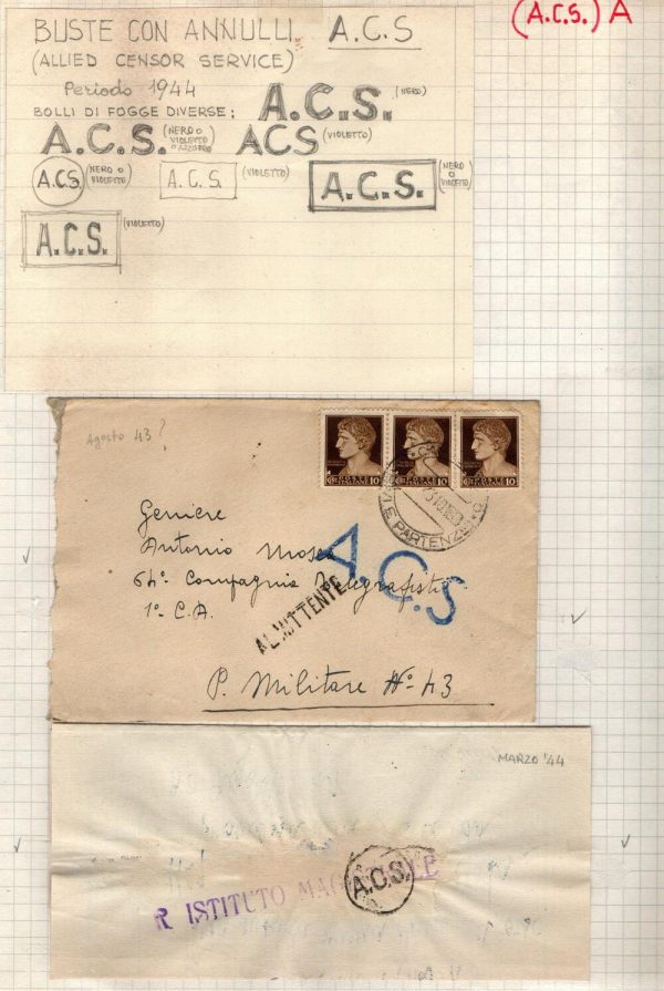 Lotto composto da n. 32 Lettere, lettere raccomandate  e cartoline con annulli A.C.S. (Allied Censor Service) Periodo 1944 bolli di fogge diverse. A.C.S in nero - A.C.S. in nero/violetto o azzurro - A.C.S. in violetto.