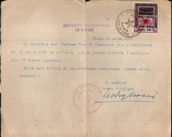 12 marzo 1946 - NULLA OSTA dell'Istituto Magistrale " E. Rossi " in  FIUME.Annullato con Marca da bollo a tassa fissa del 1945 stesso tipo con soprastampa nuovo valore sopra il precedente. Catalogo n. 21.
