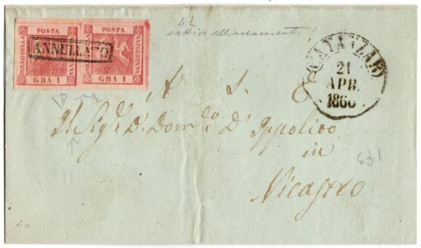 Ex Collezione Provera 1858 1 grano II tavola in coppia con cattivo allineamento n 4h da Catanzaro per Nicastro cert Diena