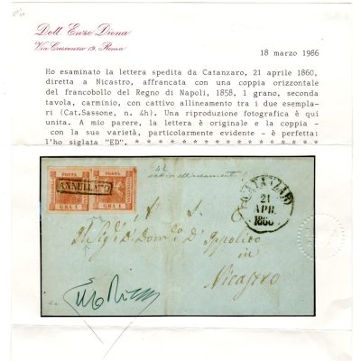 Ex Collezione Provera 1858 1 grano II tavola in coppia con cattivo allineamento n 4h da Catanzaro per Nicastro cert Diena