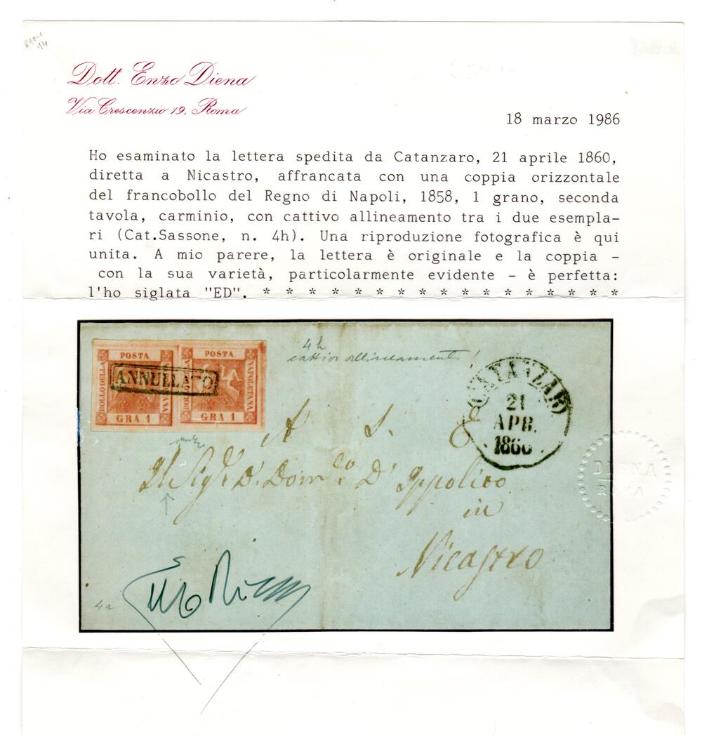 Ex Collezione Provera 1858 1 grano II tavola in coppia con cattivo allineamento n 4h da Catanzaro per Nicastro cert Diena