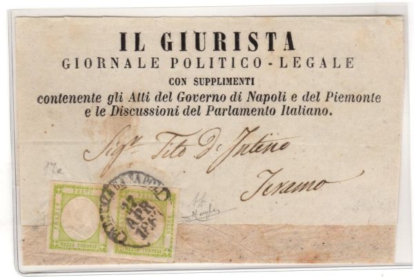 Coppia del mezzo tornese n 17a con grandi margini su fascetta di giornale Il Giurista