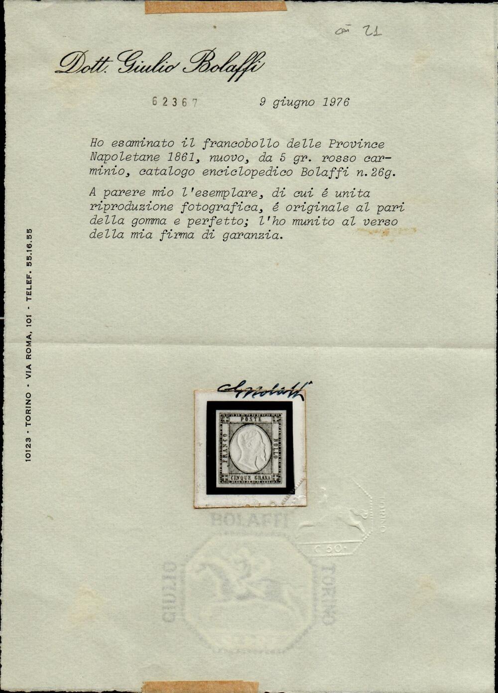 1861 - 5 grana nuovo, Cat n.21 Ottima qualità .Certificato Giulio Bolaffi.