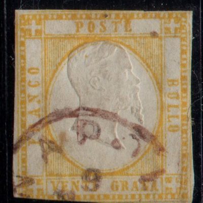 1861 - 20 grana giallo arancio. Catatalogo n.23a.Annullato con il pregevole bollo cerchio piccolo rosso dell'ufficio principale di Napoli. Certificato fotografico Mario Merone.