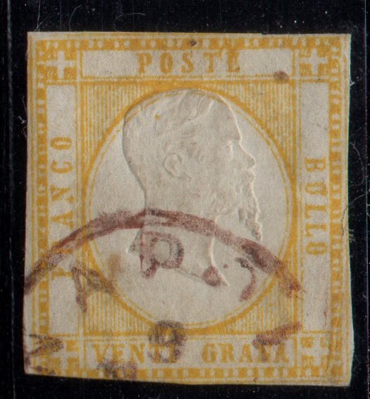 1861 - 20 grana giallo arancio. Catatalogo n.23a.Annullato con il pregevole bollo cerchio piccolo rosso dell'ufficio principale di Napoli. Certificato fotografico Mario Merone.