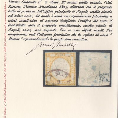 1861 - 20 grana giallo arancio. Catatalogo n.23a.Annullato con il pregevole bollo cerchio piccolo rosso dell'ufficio principale di Napoli. Certificato fotografico Mario Merone.